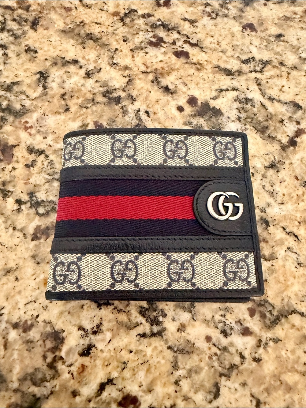 Gucci Beige GG Canvas Wallet with Navy & Red Stripe and Silver GG